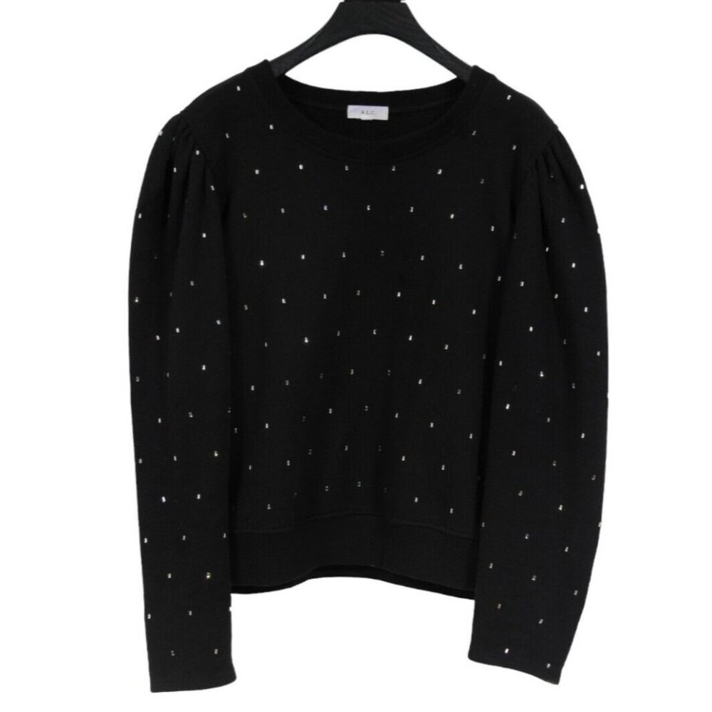 A.L.C. Womens Rhinestone Puff Sleeve Sweatshirt Large Black Pullover Long Sleeve